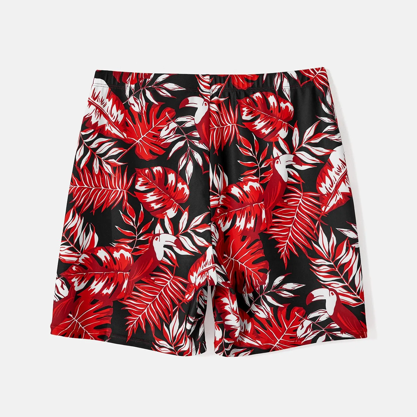 Family Matching Solid Scallop Trim Strappy Two-piece Swimsuit and Allover Floral Print Swim Trunks Shorts