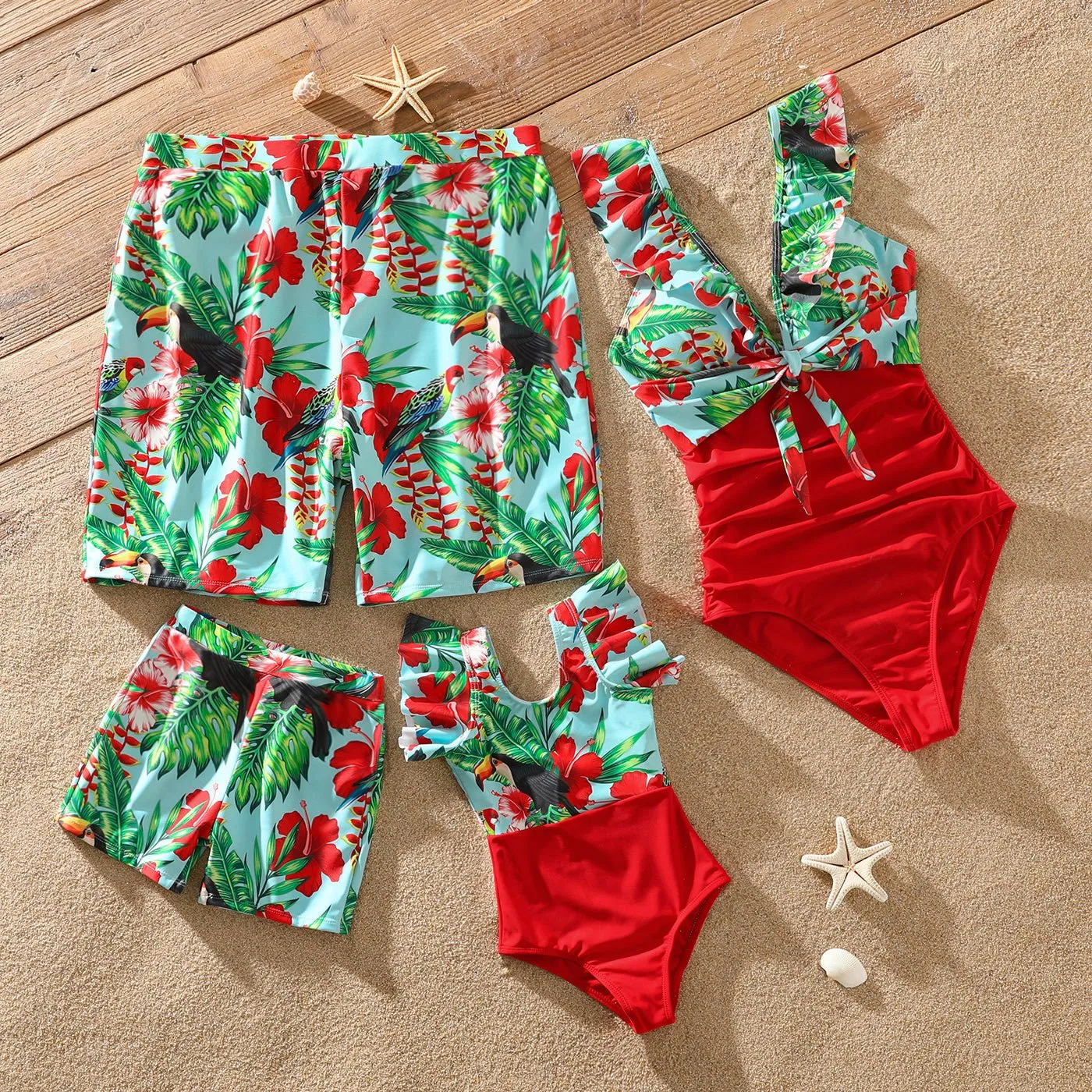 Family Matching Solid Scallop Trim Strappy Two-piece Swimsuit and Allover Floral Print Swim Trunks Shorts