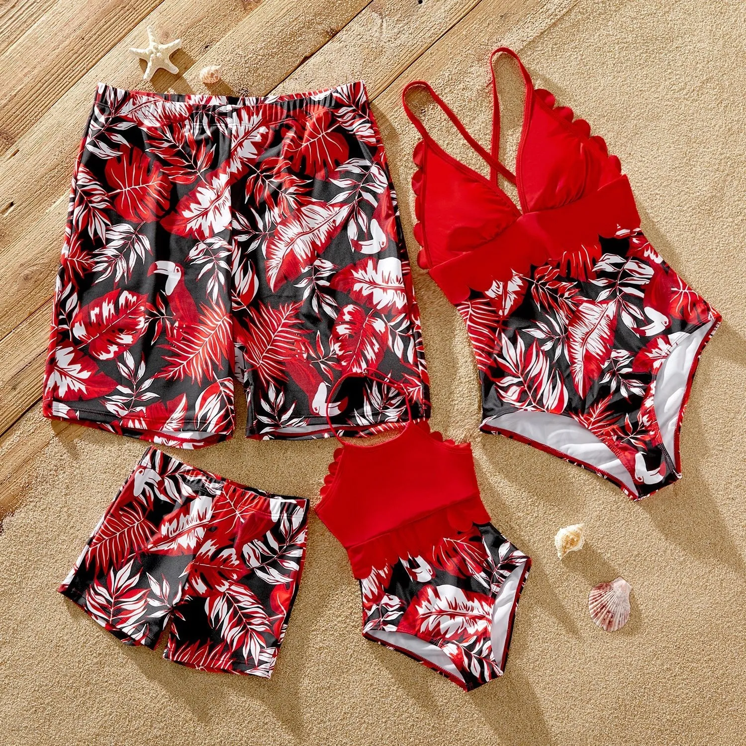 Family Matching Solid Scallop Trim Strappy Two-piece Swimsuit and Allover Floral Print Swim Trunks Shorts