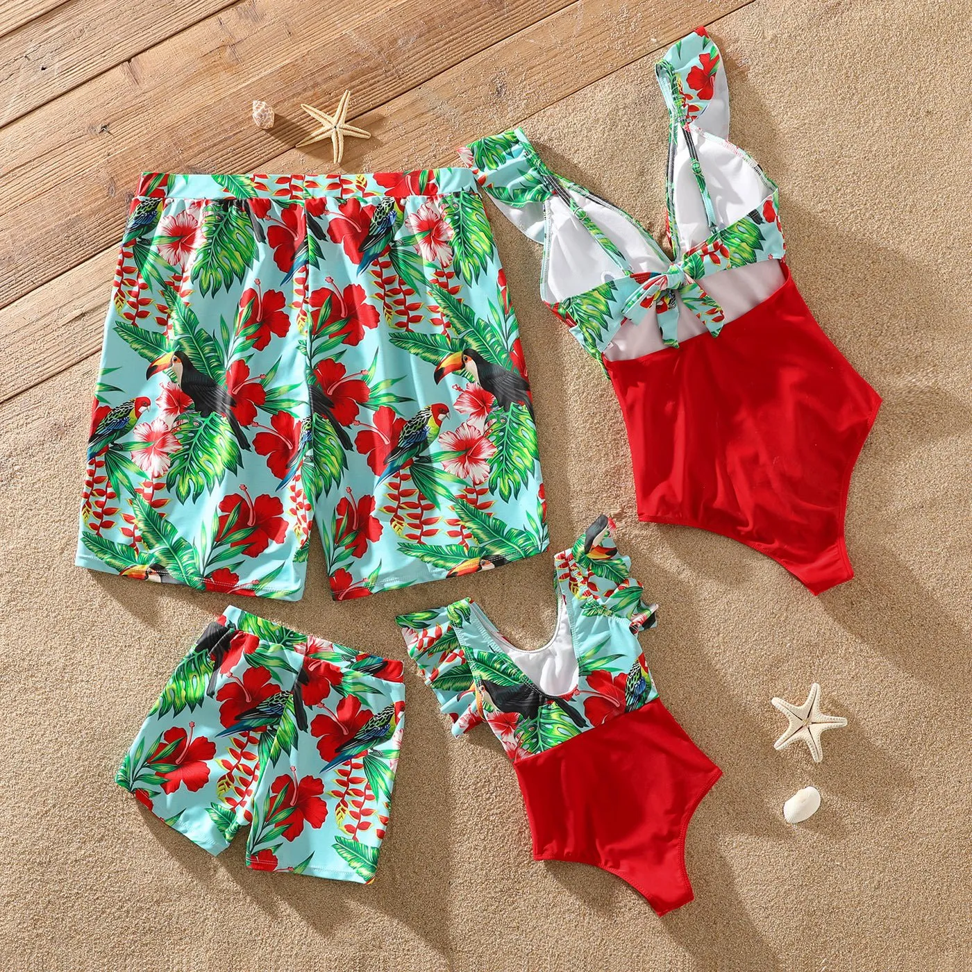 Family Matching Solid Scallop Trim Strappy Two-piece Swimsuit and Allover Floral Print Swim Trunks Shorts
