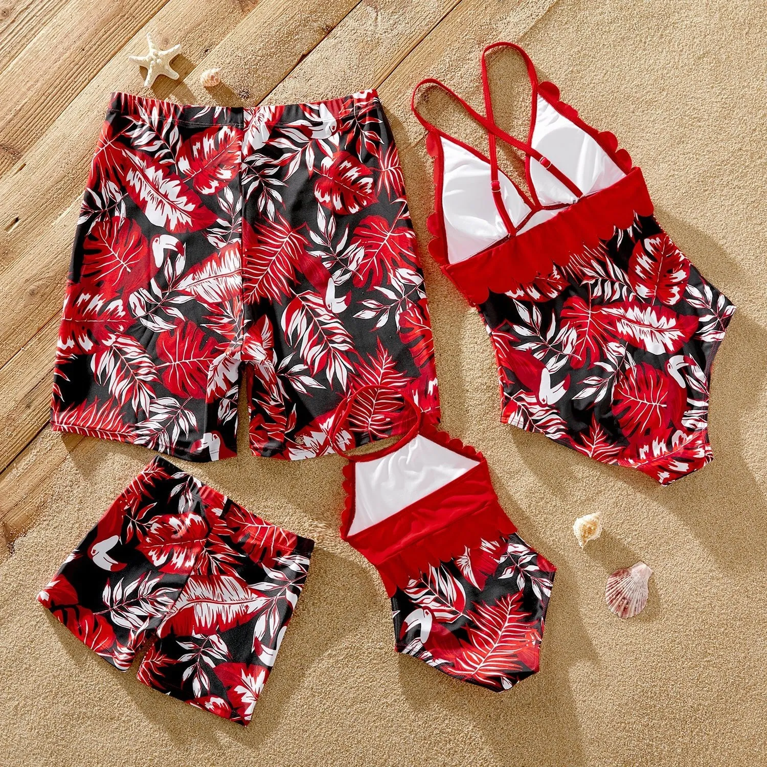 Family Matching Solid Scallop Trim Strappy Two-piece Swimsuit and Allover Floral Print Swim Trunks Shorts