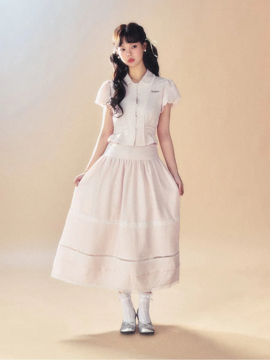 Feminine Puff-Sleeve Back-Ribbon Lace Retro Pale-Tone Blouse＆Long-Skirt