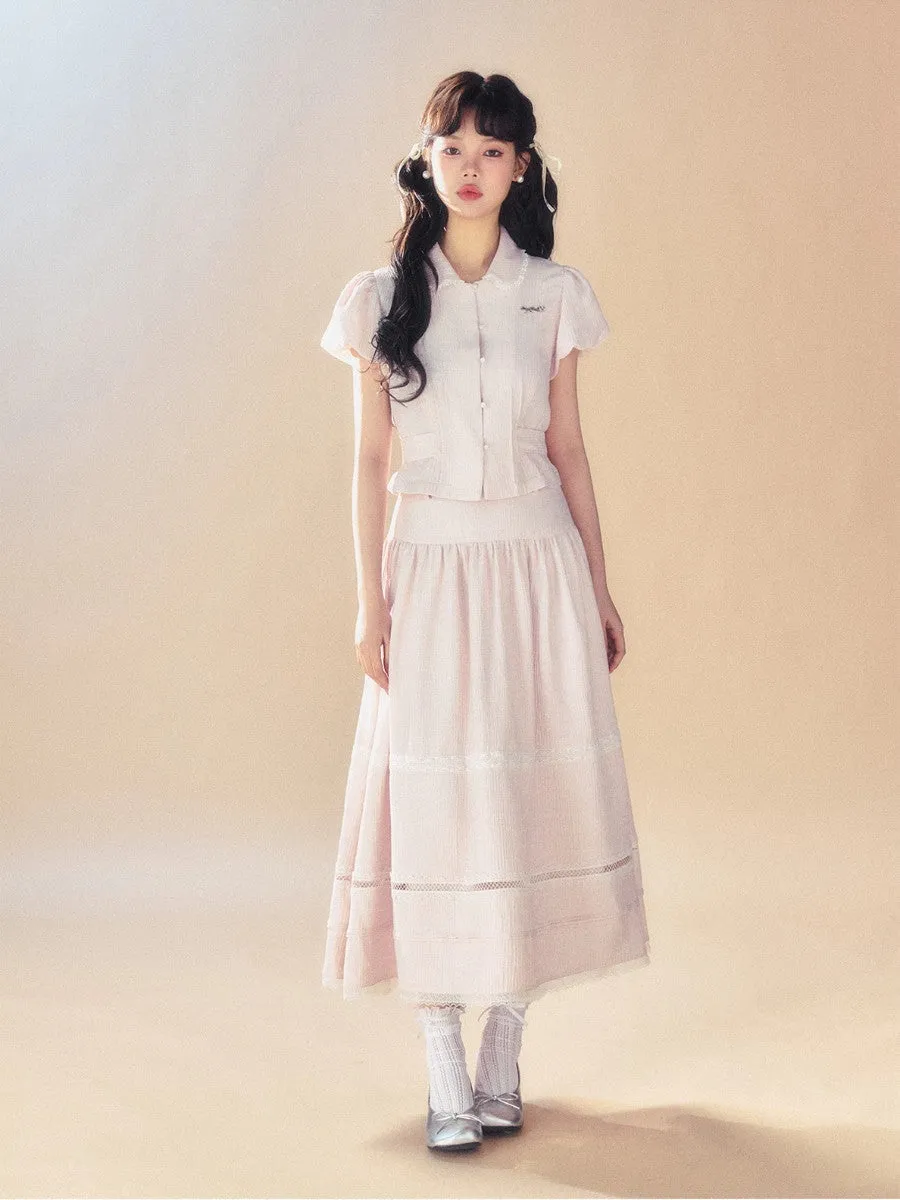 Feminine Puff-Sleeve Back-Ribbon Lace Retro Pale-Tone Blouse＆Long-Skirt