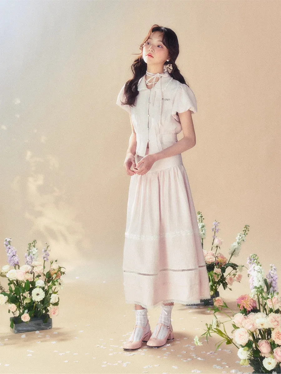 Feminine Puff-Sleeve Back-Ribbon Lace Retro Pale-Tone Blouse＆Long-Skirt