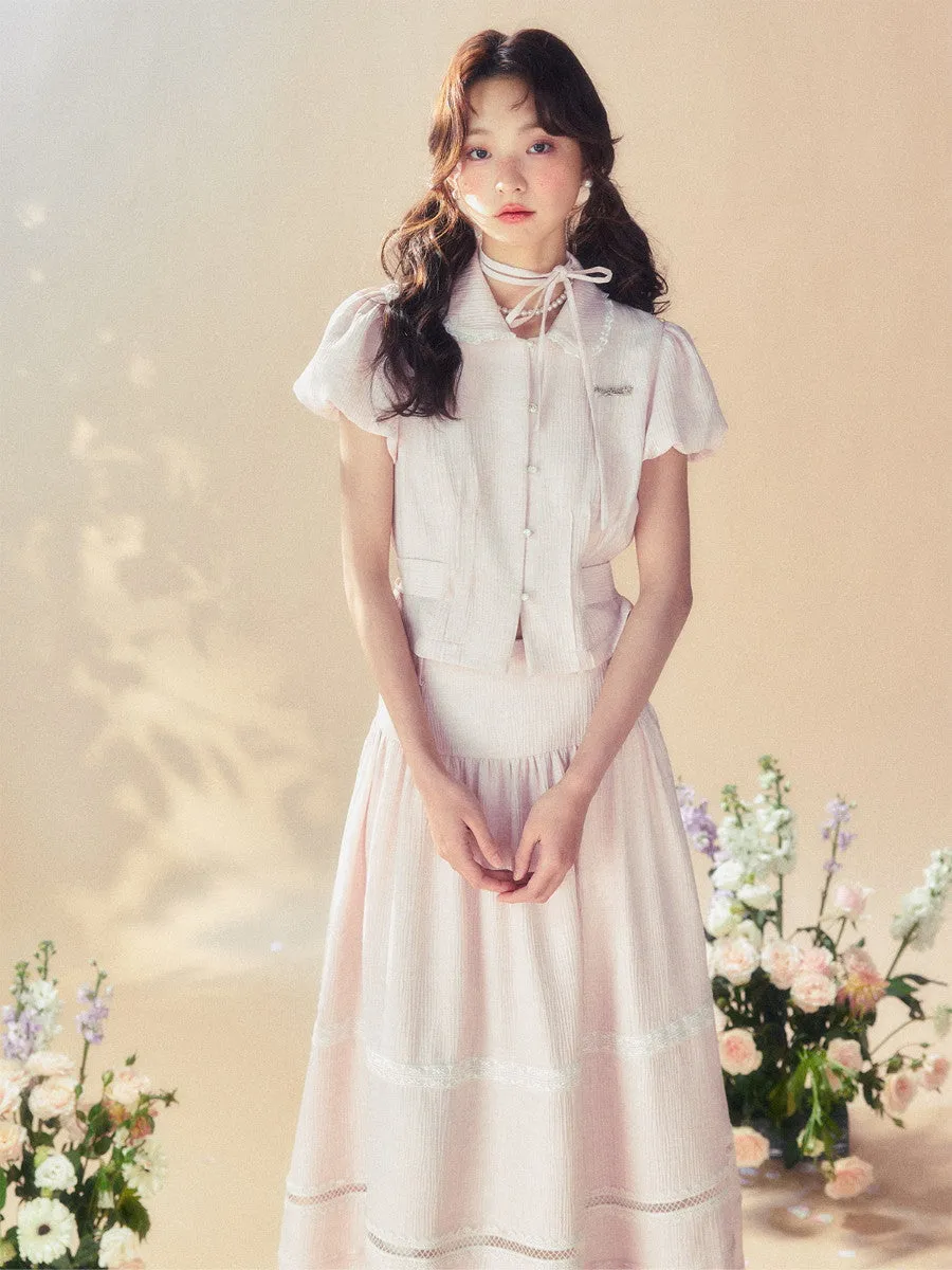 Feminine Puff-Sleeve Back-Ribbon Lace Retro Pale-Tone Blouse＆Long-Skirt