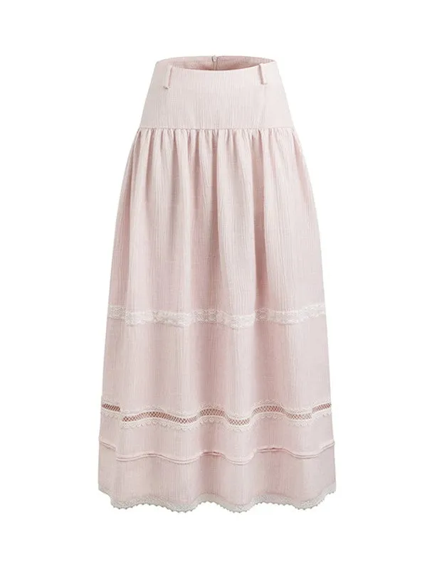 Feminine Puff-Sleeve Back-Ribbon Lace Retro Pale-Tone Blouse＆Long-Skirt