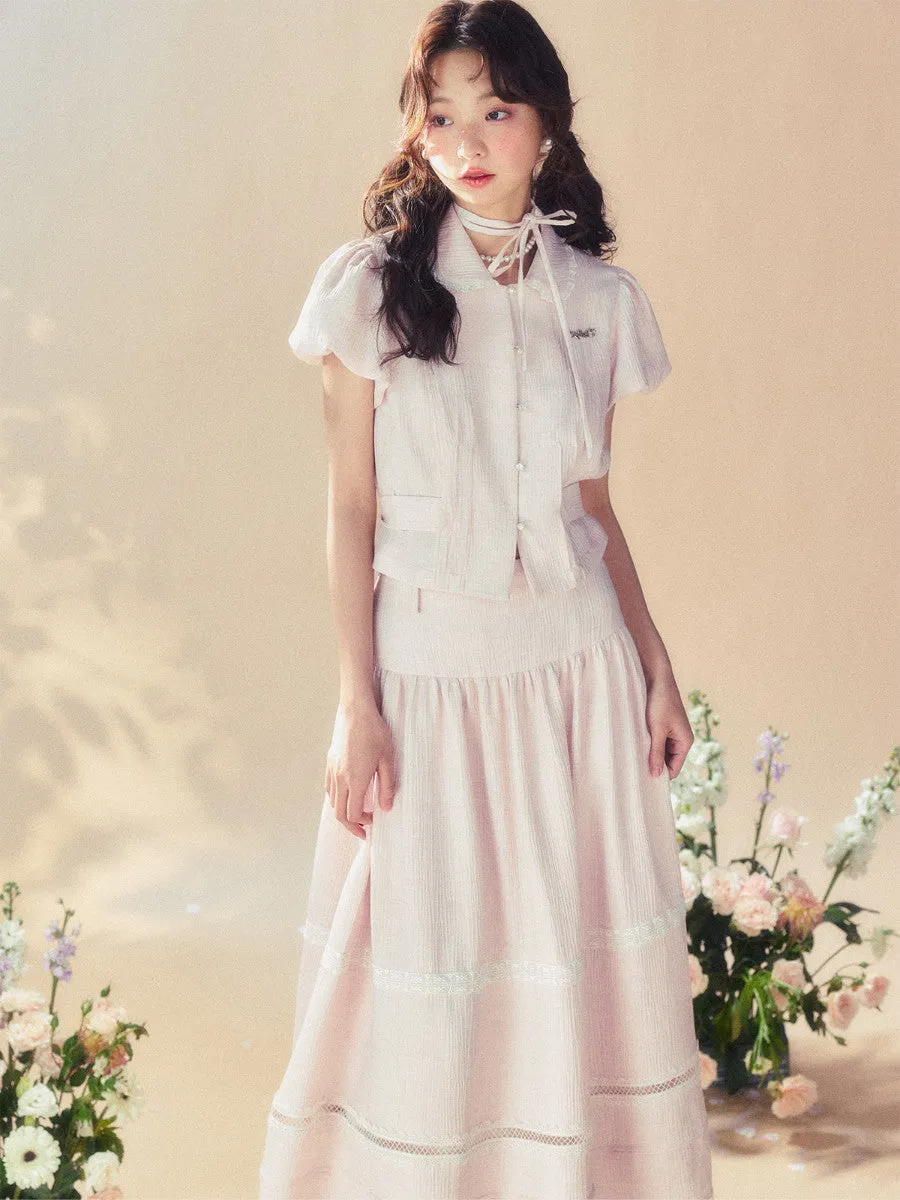 Feminine Puff-Sleeve Back-Ribbon Lace Retro Pale-Tone Blouse＆Long-Skirt