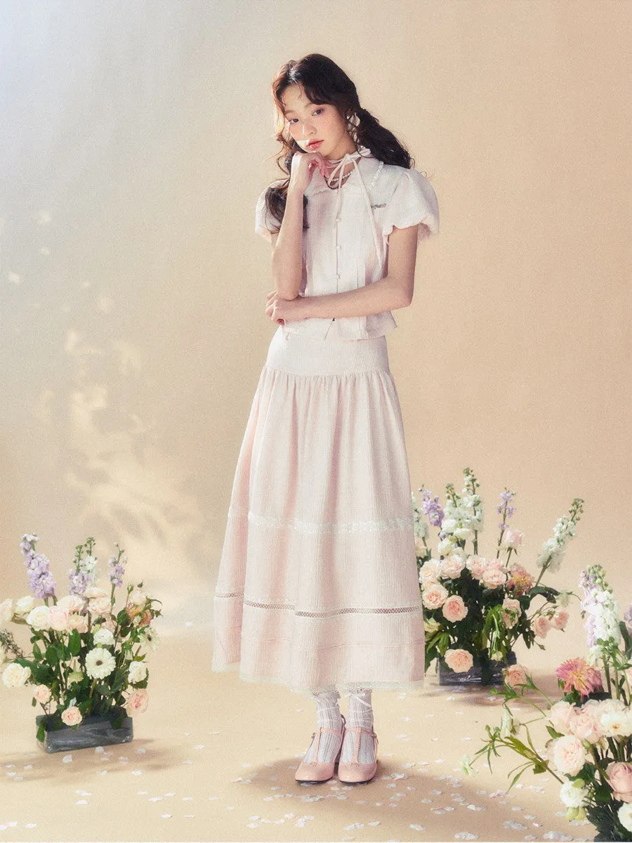 Feminine Puff-Sleeve Back-Ribbon Lace Retro Pale-Tone Blouse＆Long-Skirt