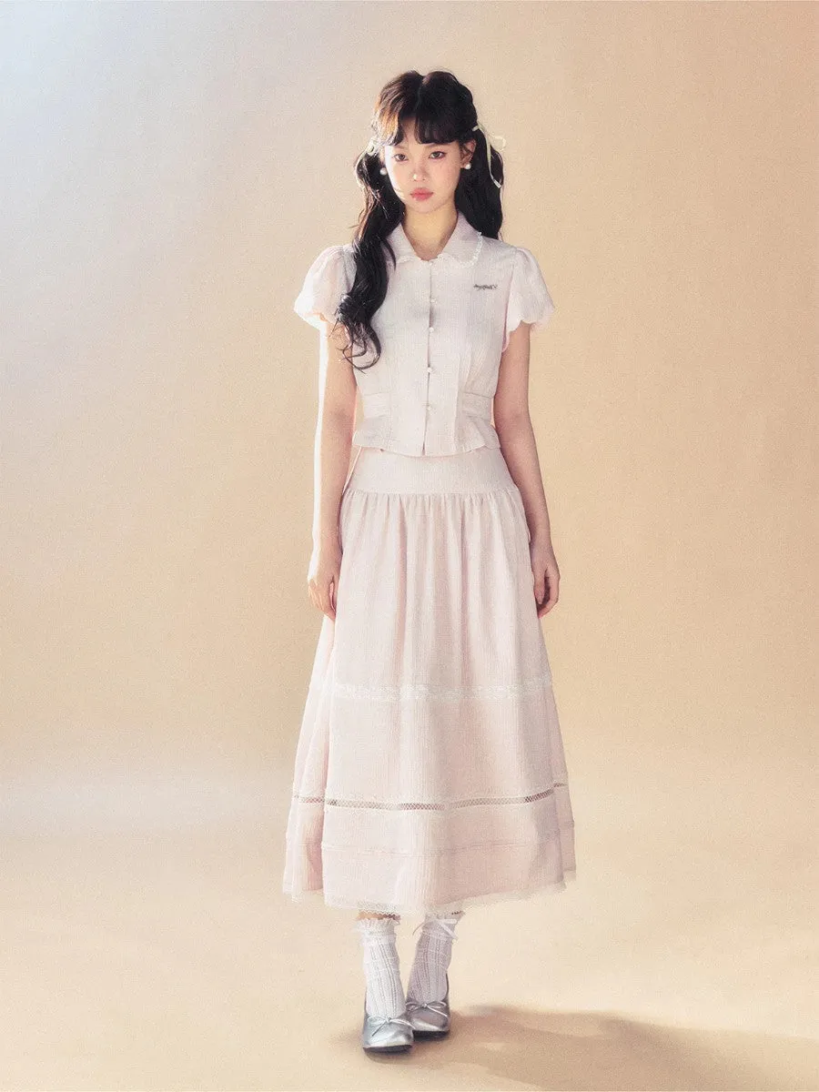 Feminine Puff-Sleeve Back-Ribbon Lace Retro Pale-Tone Blouse＆Long-Skirt
