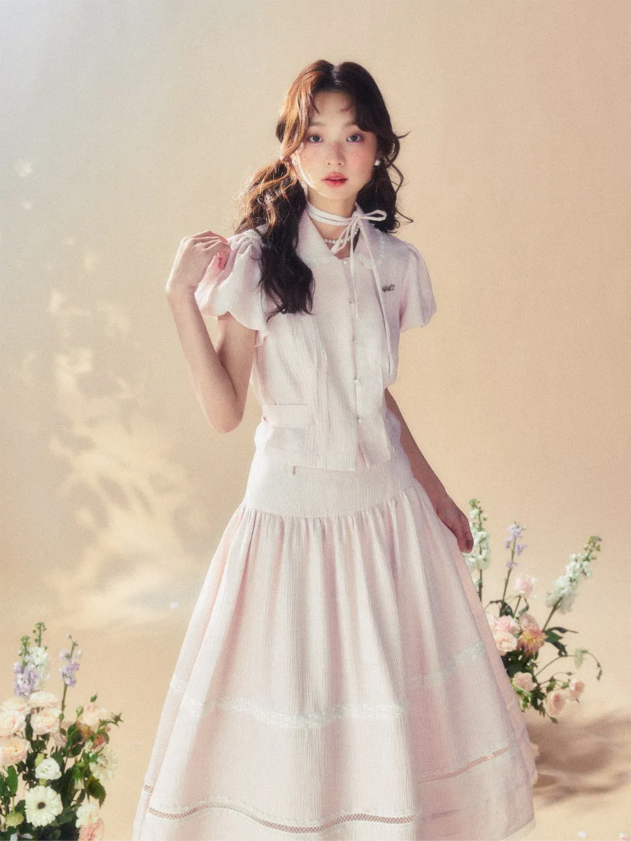 Feminine Puff-Sleeve Back-Ribbon Lace Retro Pale-Tone Blouse＆Long-Skirt