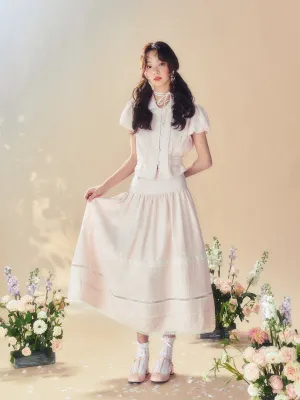 Feminine Puff-Sleeve Back-Ribbon Lace Retro Pale-Tone Blouse＆Long-Skirt