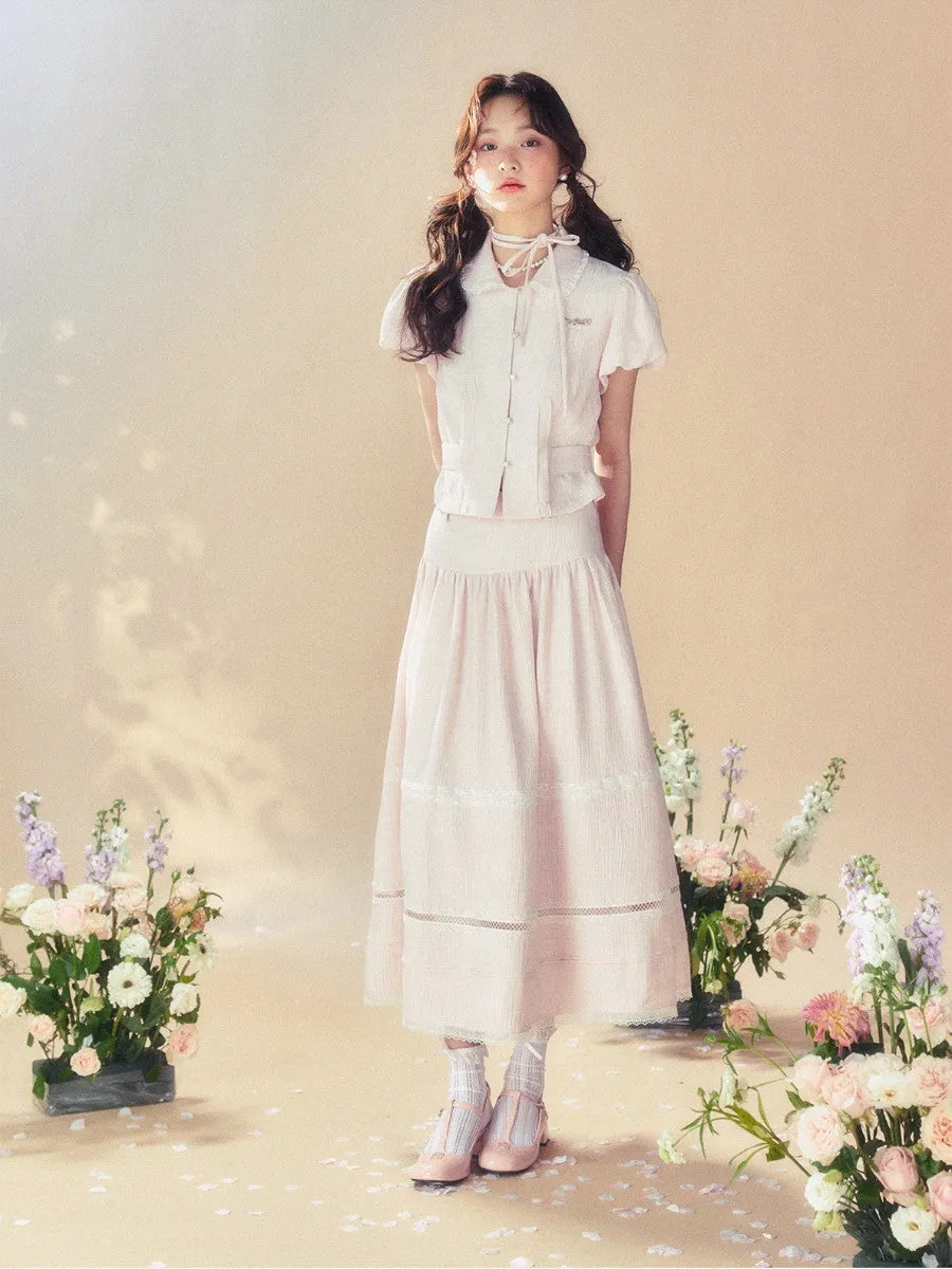 Feminine Puff-Sleeve Back-Ribbon Lace Retro Pale-Tone Blouse＆Long-Skirt