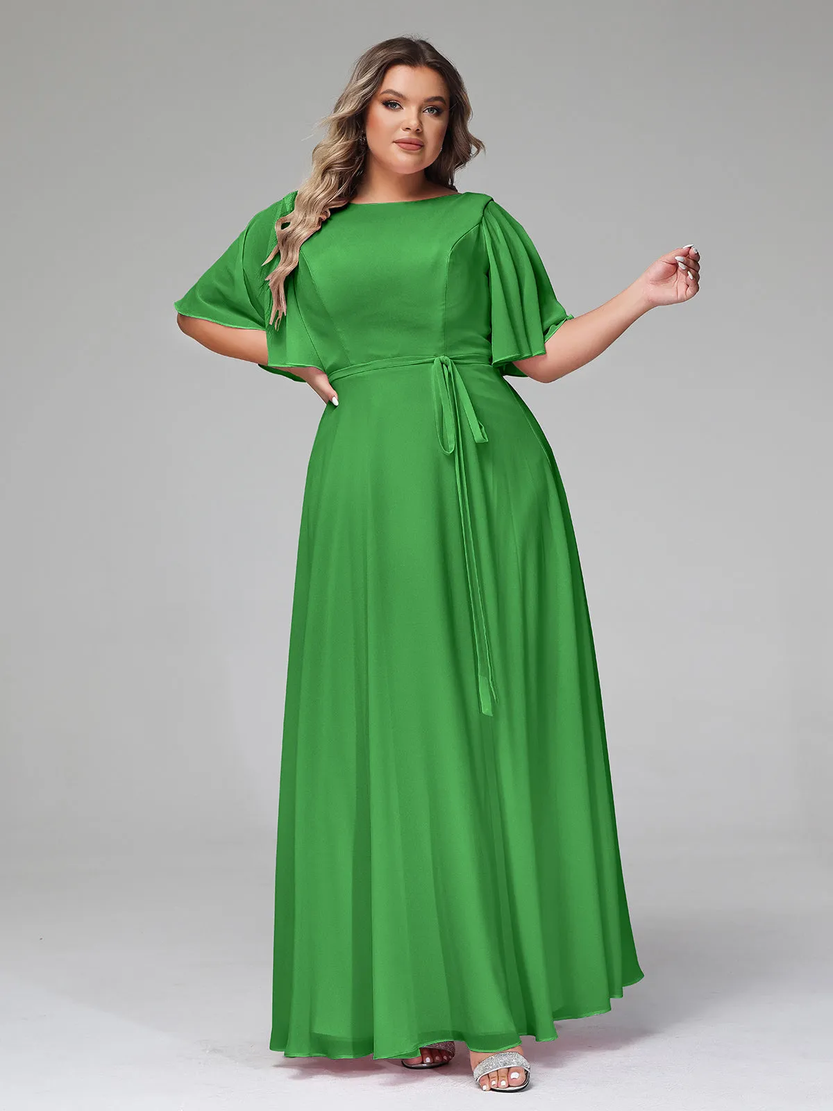 Flutter Sleeves Chiffon Max Dresses with Sash Bow-Green Plus Size