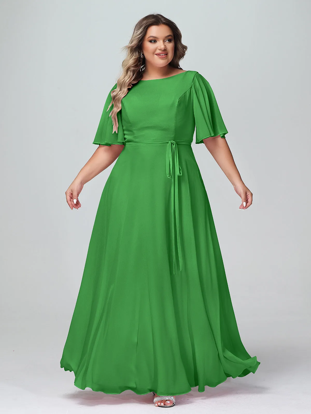 Flutter Sleeves Chiffon Max Dresses with Sash Bow-Green Plus Size