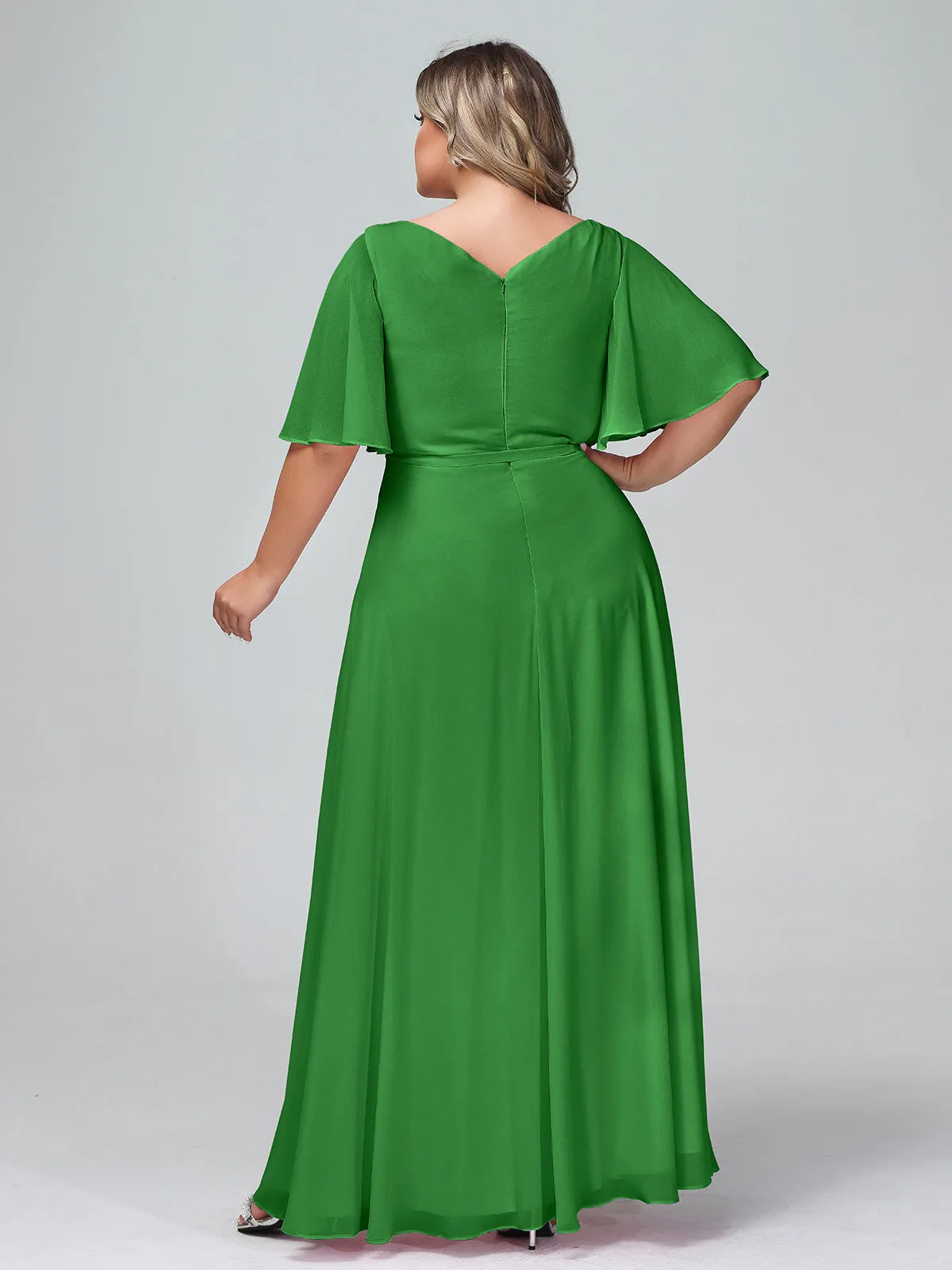 Flutter Sleeves Chiffon Max Dresses with Sash Bow-Green Plus Size