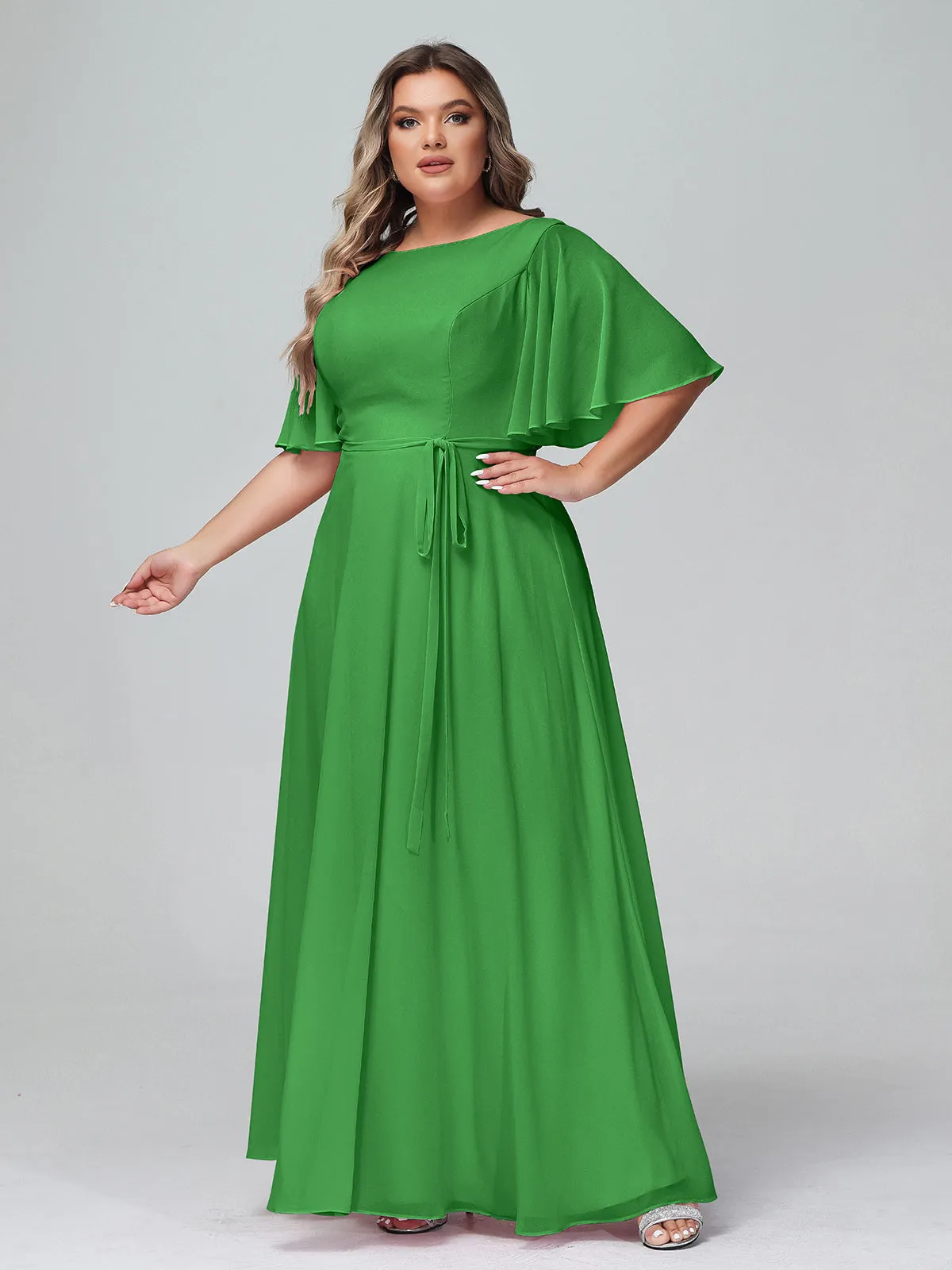 Flutter Sleeves Chiffon Max Dresses with Sash Bow-Green Plus Size