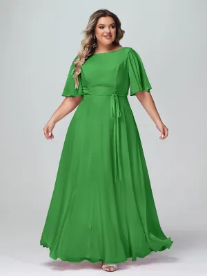 Flutter Sleeves Chiffon Max Dresses with Sash Bow-Green Plus Size
