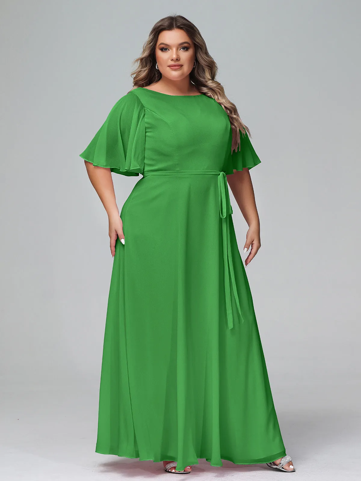 Flutter Sleeves Chiffon Max Dresses with Sash Bow-Green Plus Size