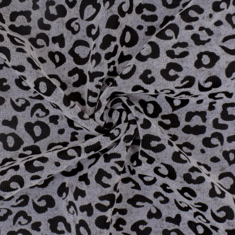 Gray-Black Leopard Velvet Flocked Stretch Jersey Knit Fabric