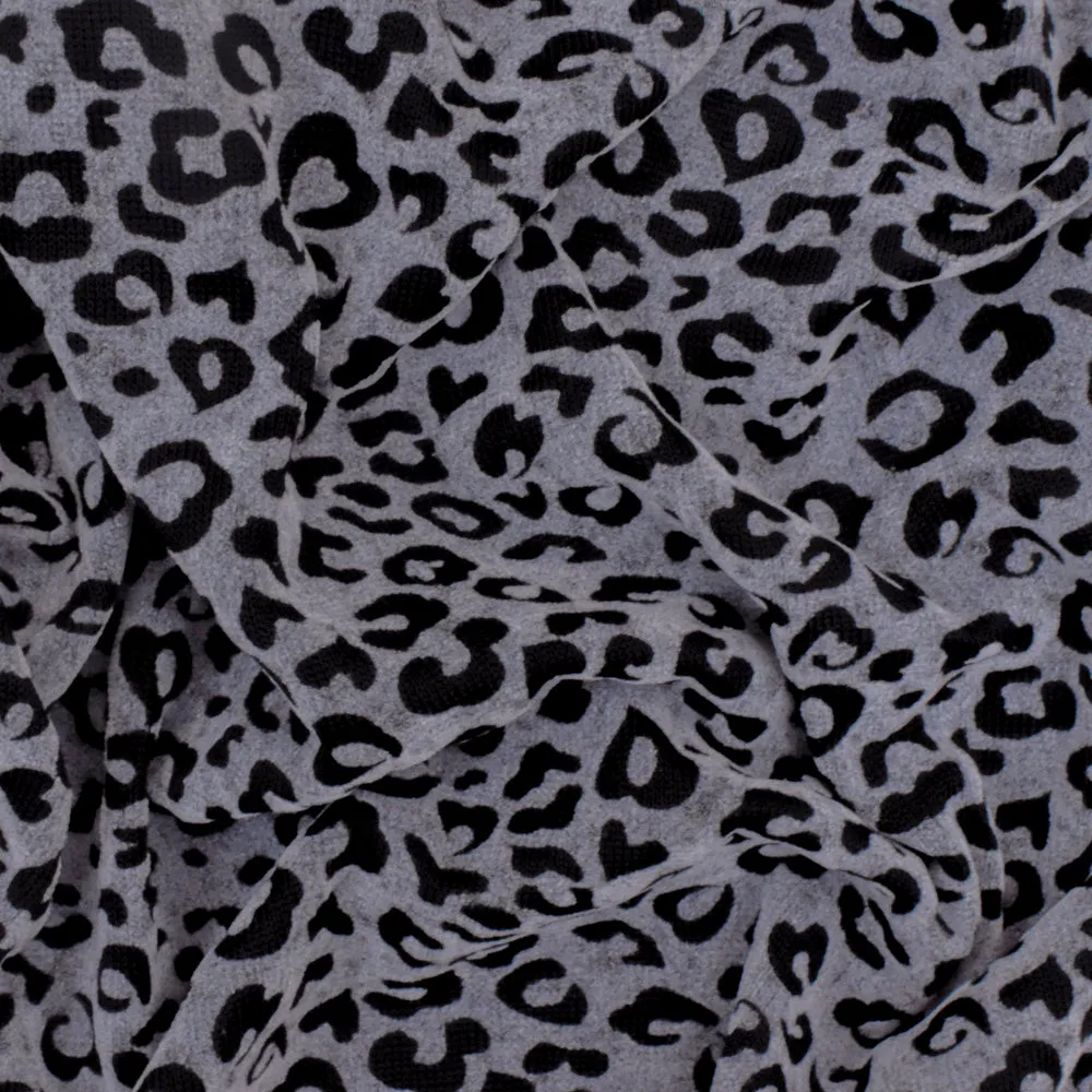Gray-Black Leopard Velvet Flocked Stretch Jersey Knit Fabric