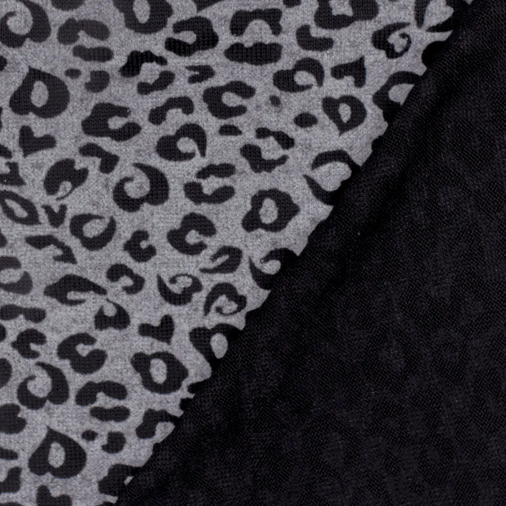 Gray-Black Leopard Velvet Flocked Stretch Jersey Knit Fabric