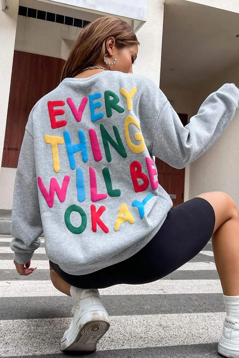 Grey Slogan Graphic Drop Shoulder Sweatshirt