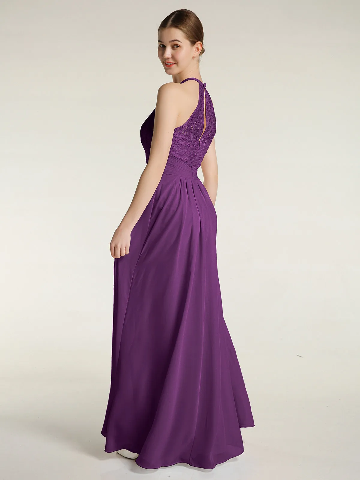 Halter Chiffon And Lace Long Dresses Grape