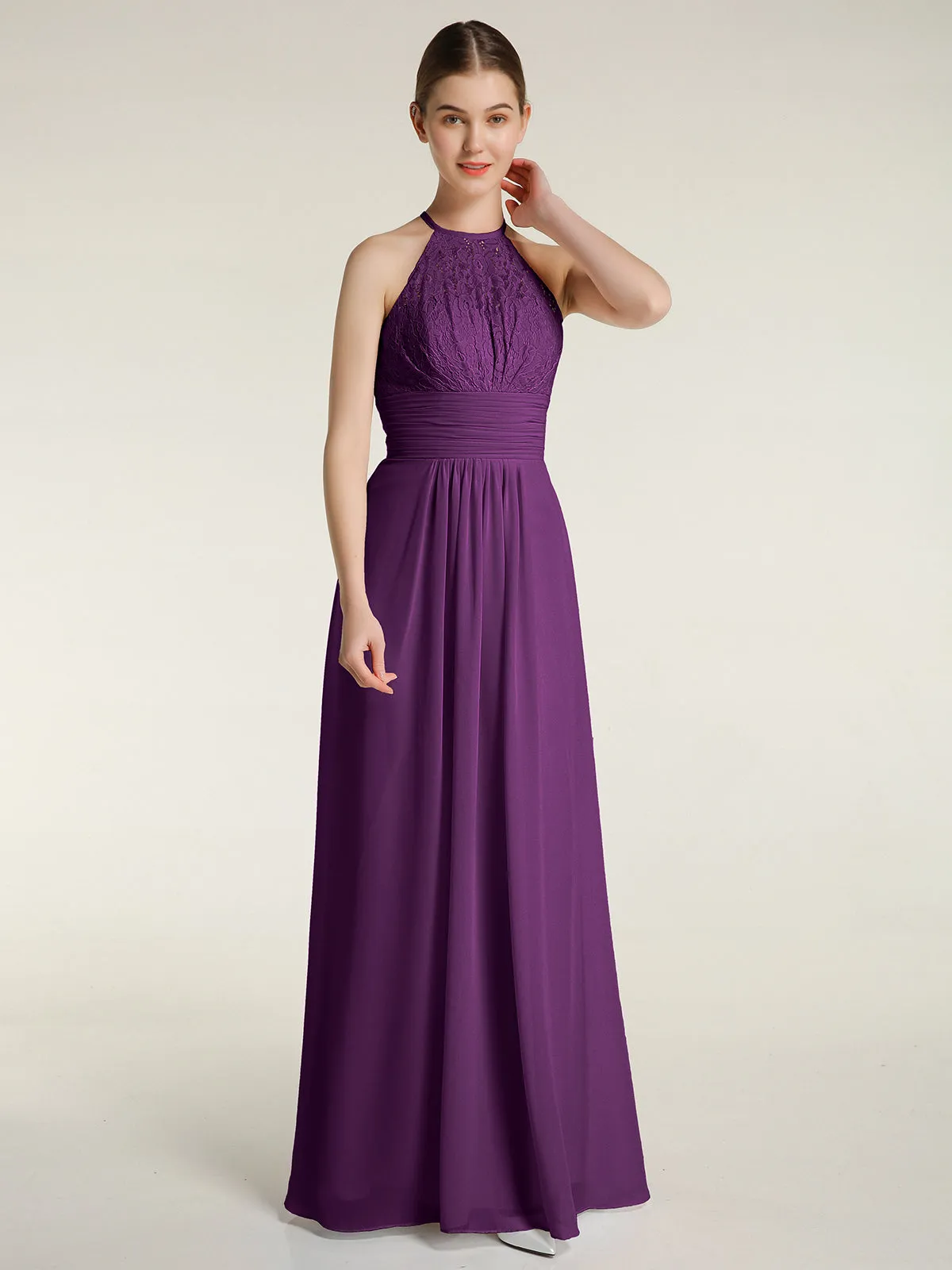 Halter Chiffon And Lace Long Dresses Grape