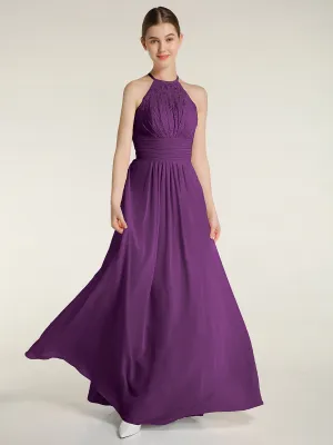 Halter Chiffon And Lace Long Dresses Grape