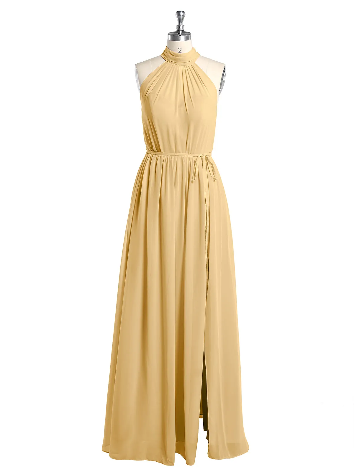 High Neck Chiffon Dresses with Slit and Sash Bow-Gold Plus Size