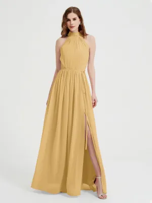 High Neck Chiffon Dresses with Slit and Sash Bow-Gold Plus Size