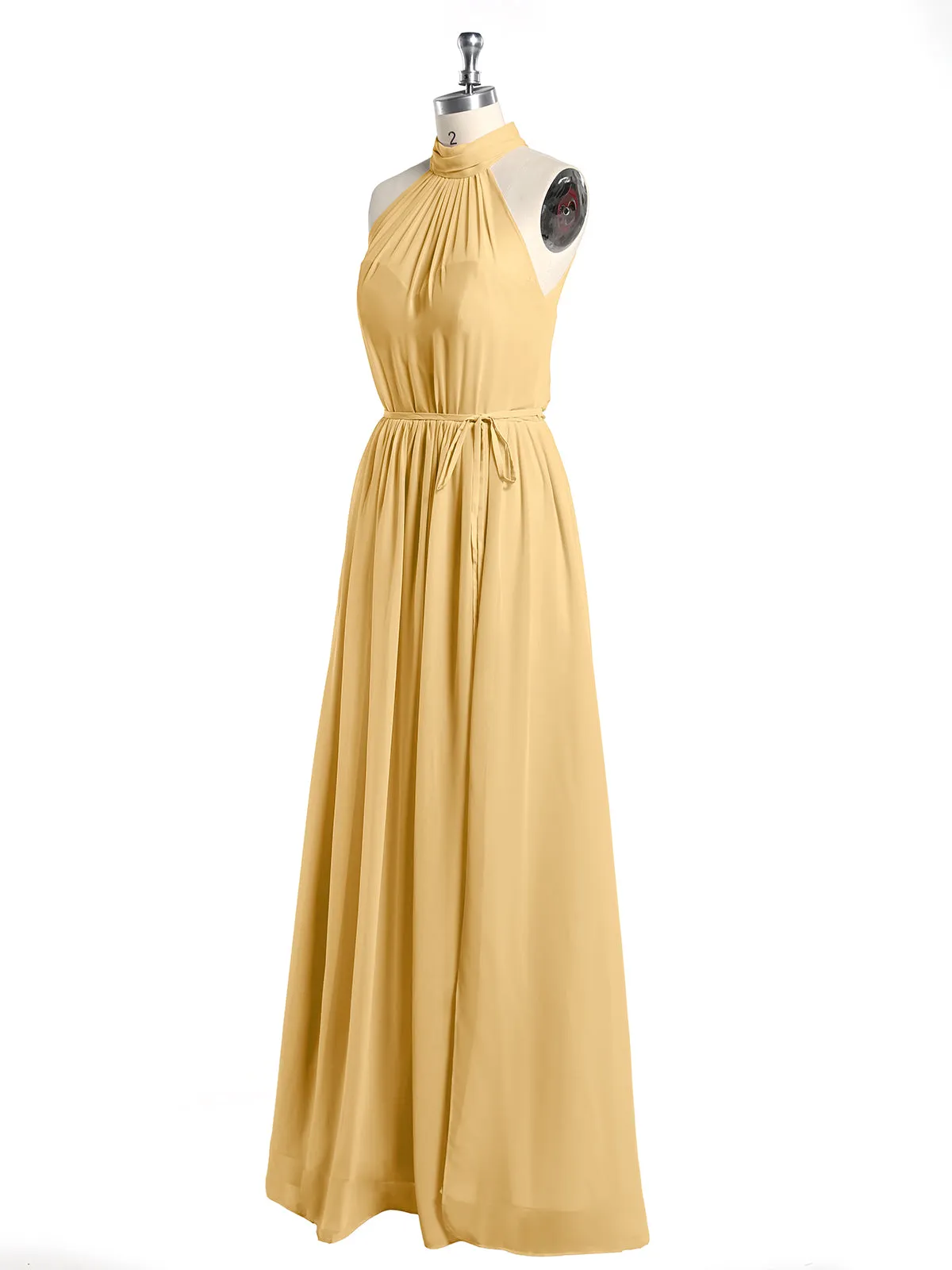 High Neck Chiffon Dresses with Slit and Sash Bow-Gold Plus Size