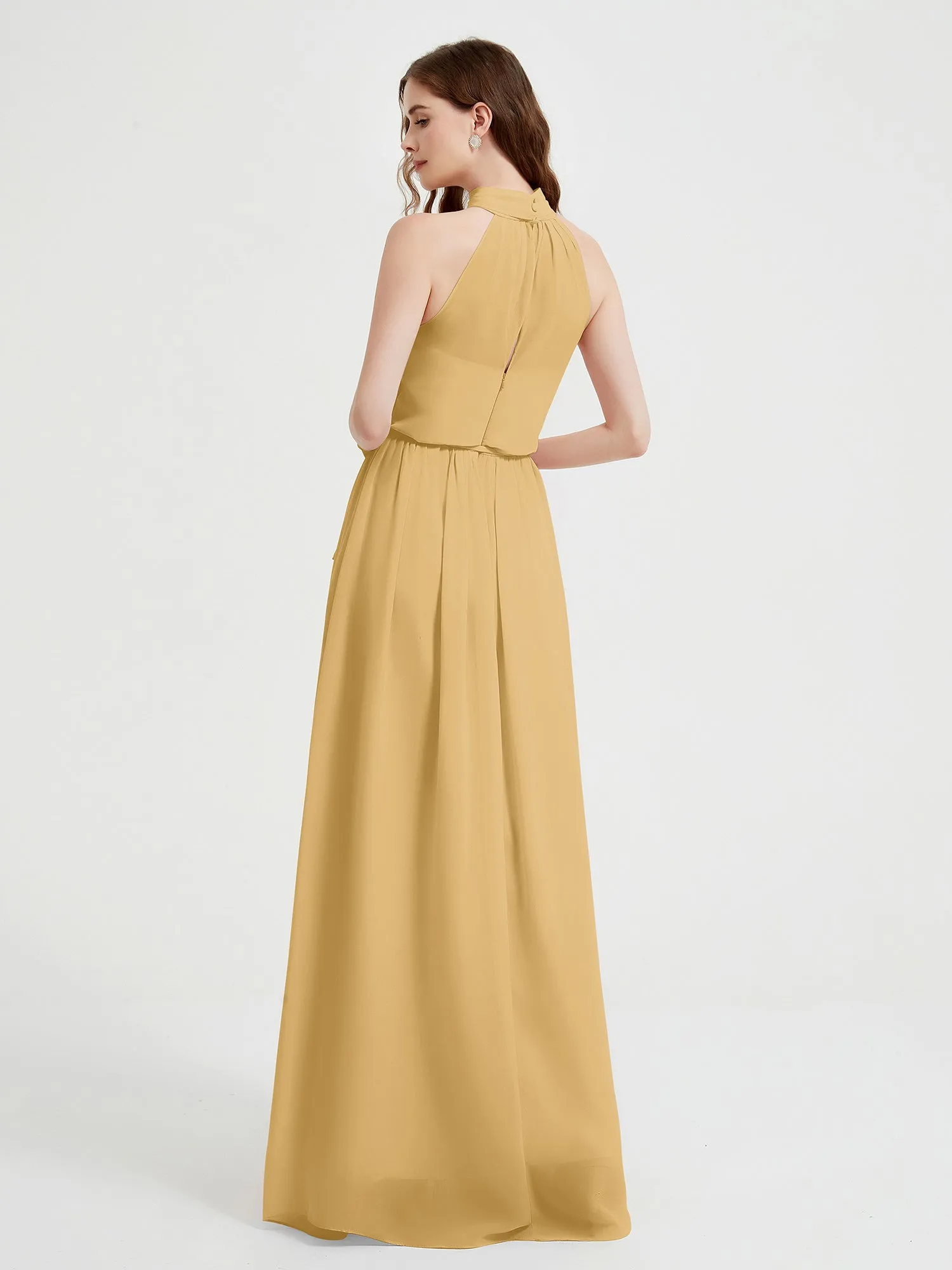 High Neck Chiffon Dresses with Slit and Sash Bow-Gold Plus Size