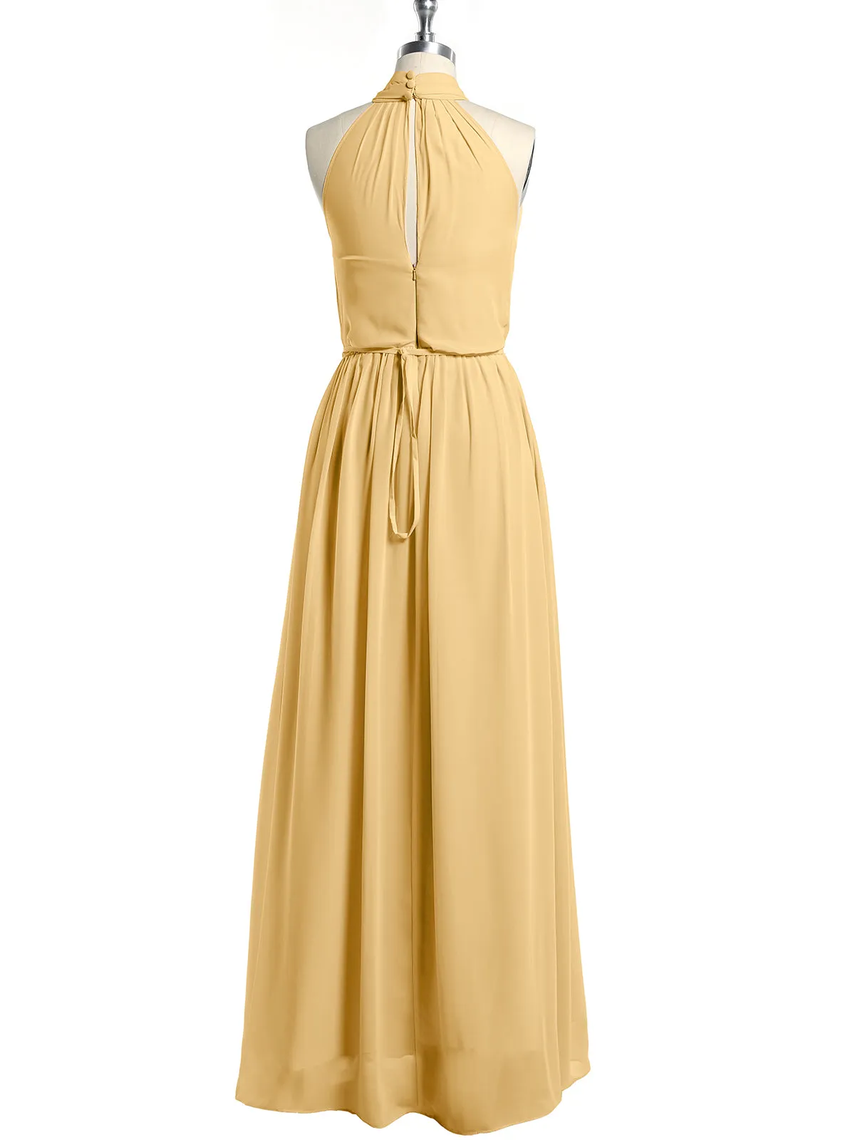 High Neck Chiffon Dresses with Slit and Sash Bow-Gold Plus Size