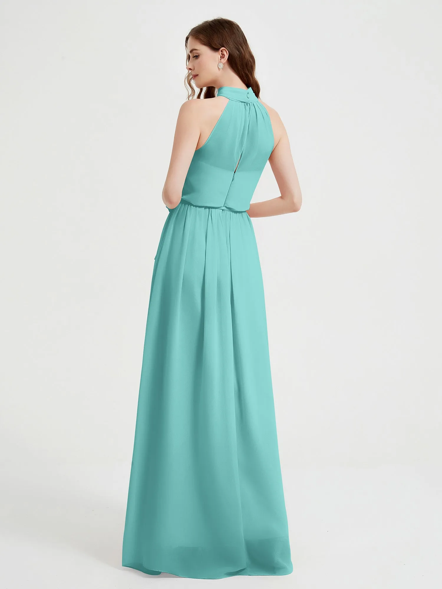 High Neck Chiffon Dresses with Slit and Sash Bow-Spa