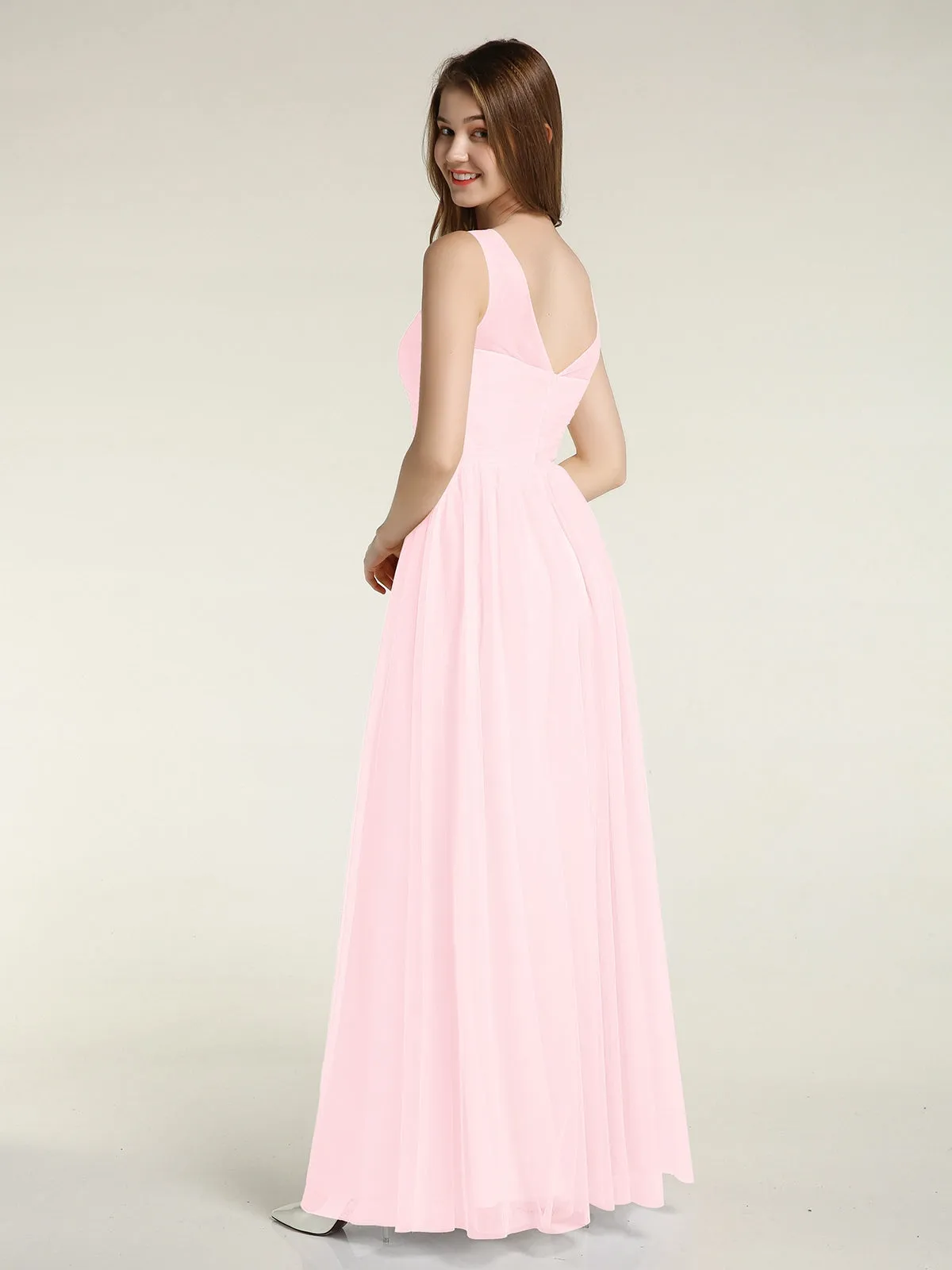 Illusion Neck Cross Tulle Bridesmaid Dresses-Blushing Pink