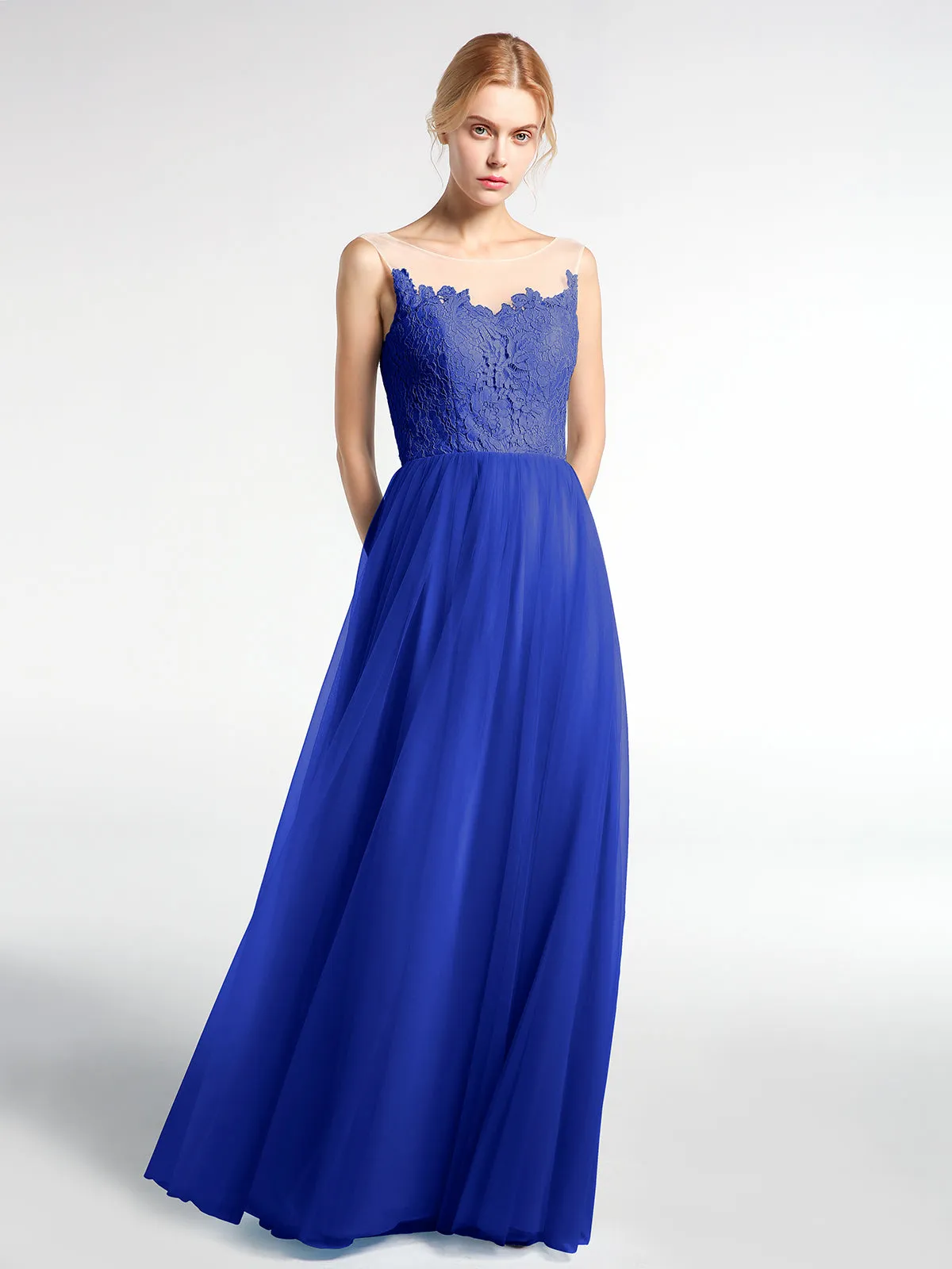 Illusion Neckline Lace and Tulle Maxi Dress-Royal Blue