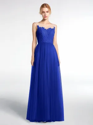 Illusion Neckline Lace and Tulle Maxi Dress-Royal Blue