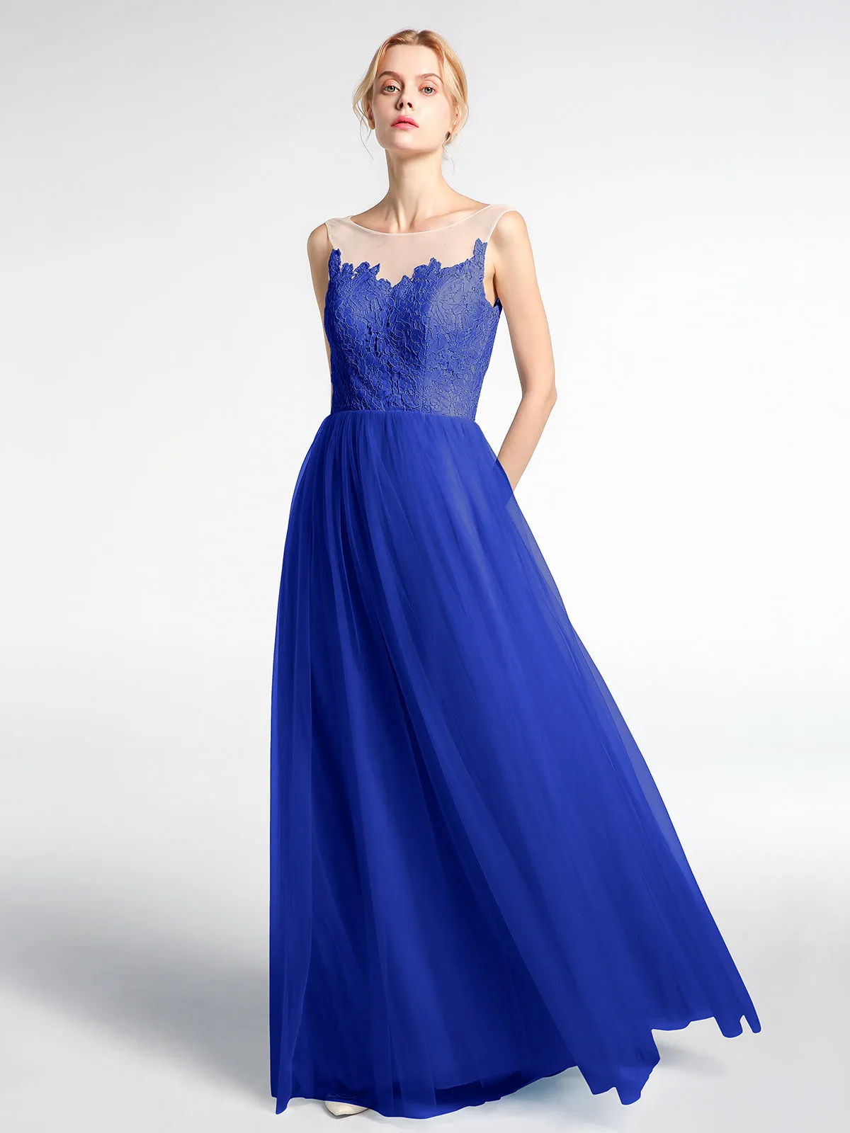 Illusion Neckline Lace and Tulle Maxi Dress-Royal Blue