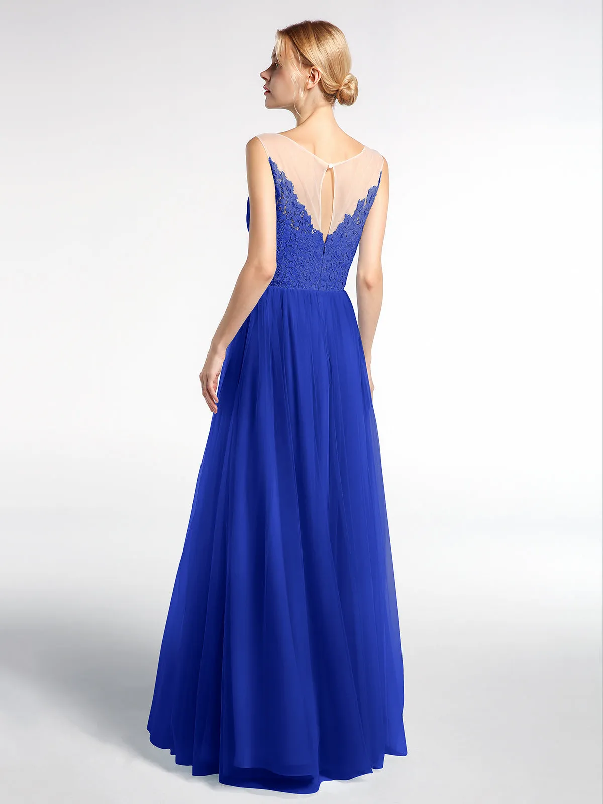 Illusion Neckline Lace and Tulle Maxi Dress-Royal Blue