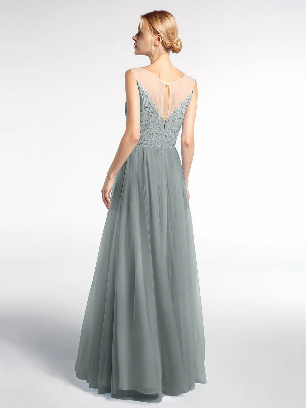 Illusion Neckline Lace and Tulle Maxi Dress-Steel Grey