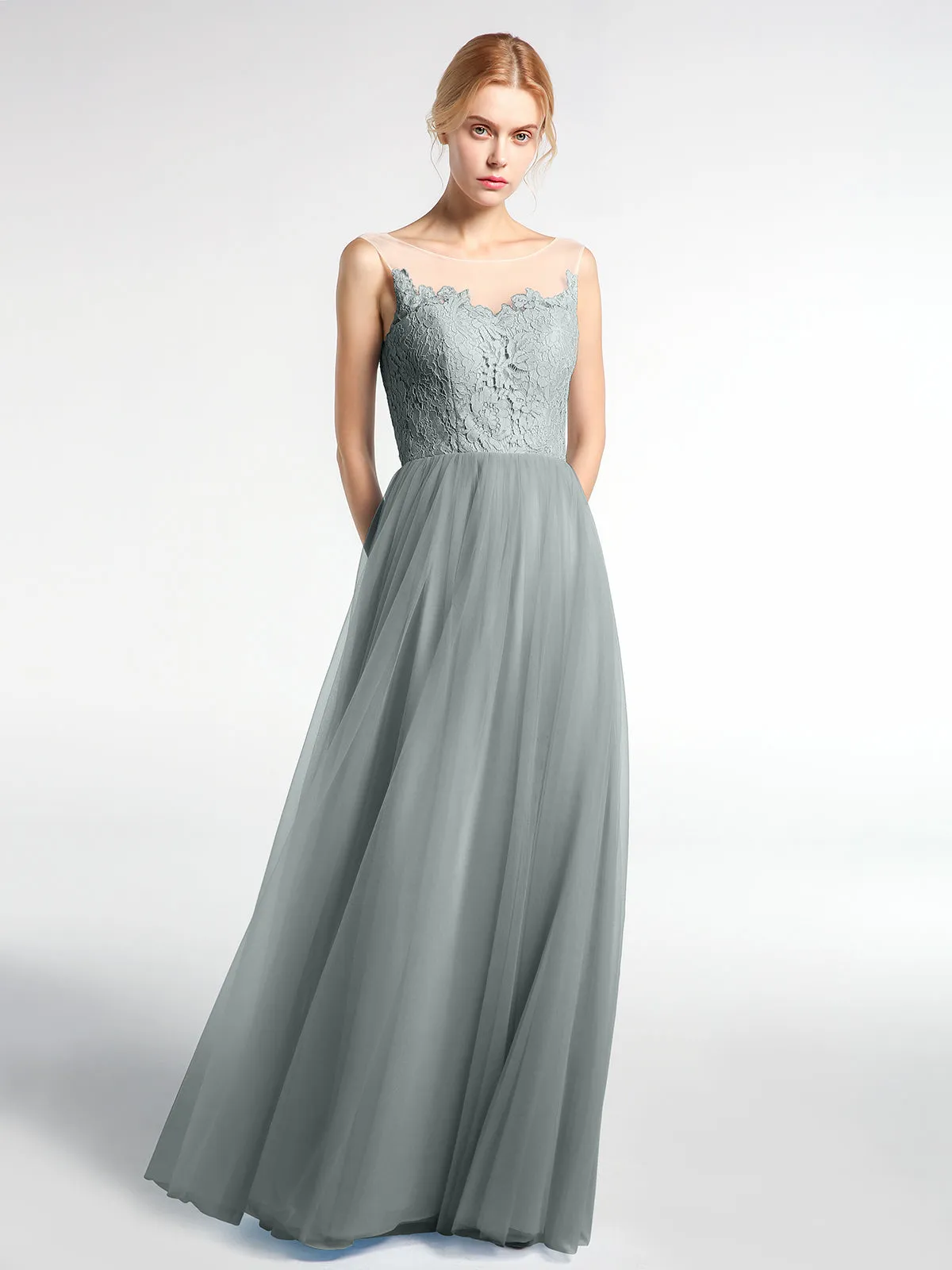 Illusion Neckline Lace and Tulle Maxi Dress-Steel Grey