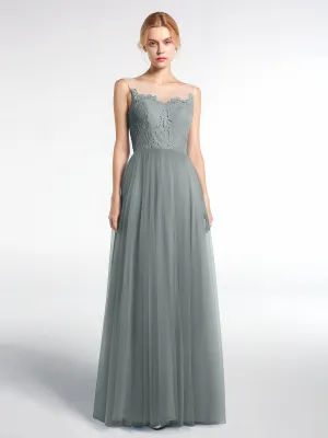 Illusion Neckline Lace and Tulle Maxi Dress-Steel Grey