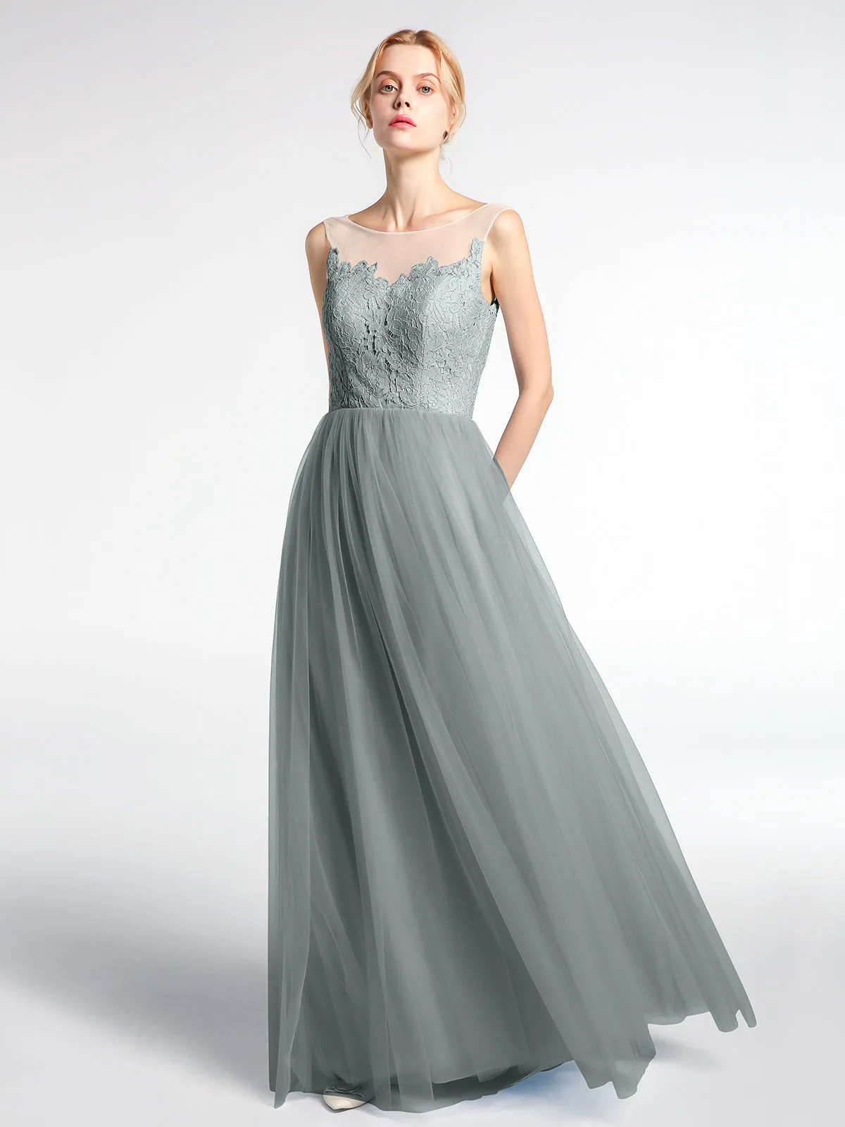 Illusion Neckline Lace and Tulle Maxi Dress-Steel Grey