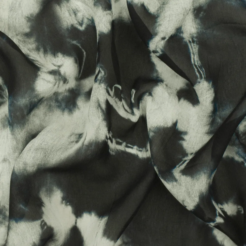 Ink Blue-Ivory Famous Designer Tie Dye Printed Viscose Chiffon Woven Fabric