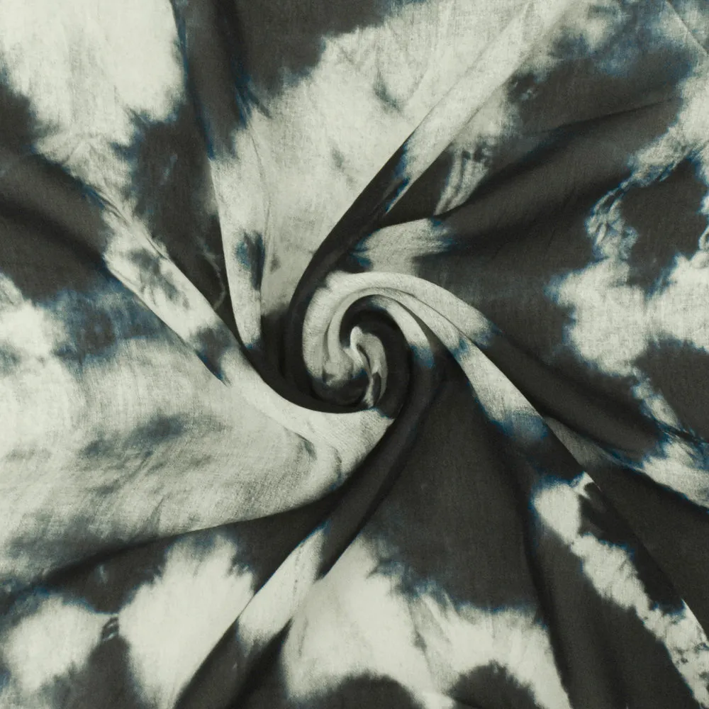 Ink Blue-Ivory Famous Designer Tie Dye Printed Viscose Chiffon Woven Fabric