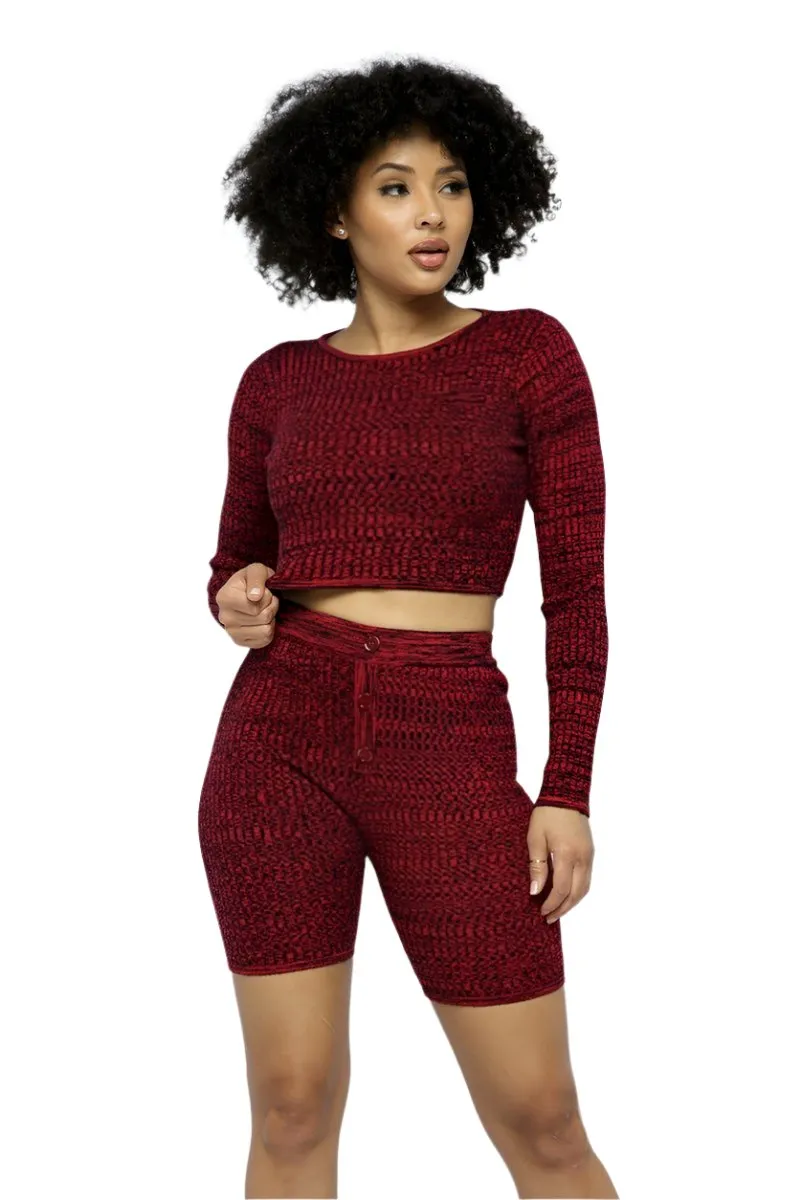Knit LS Cropped Top Biker Shorts Set