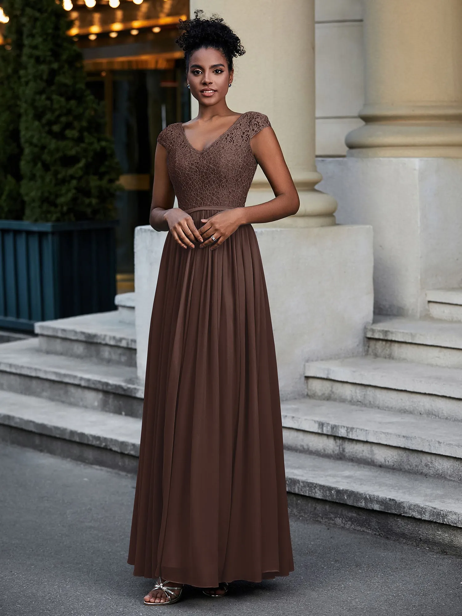 Lace and Chiffon Maxi Dress with Cap Sleeves-Chocolate
