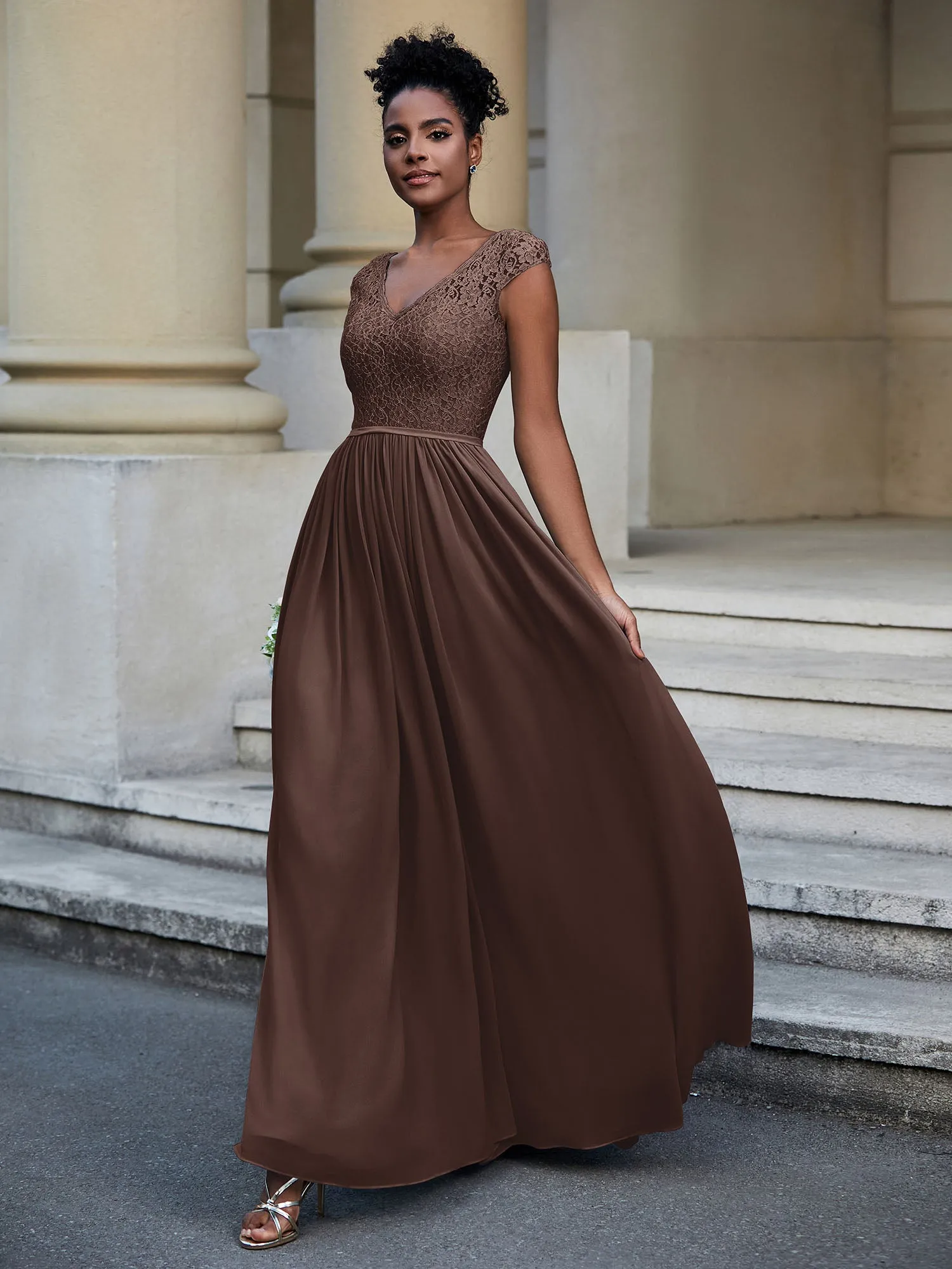Lace and Chiffon Maxi Dress with Cap Sleeves-Chocolate