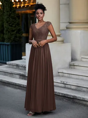 Lace and Chiffon Maxi Dress with Cap Sleeves-Chocolate